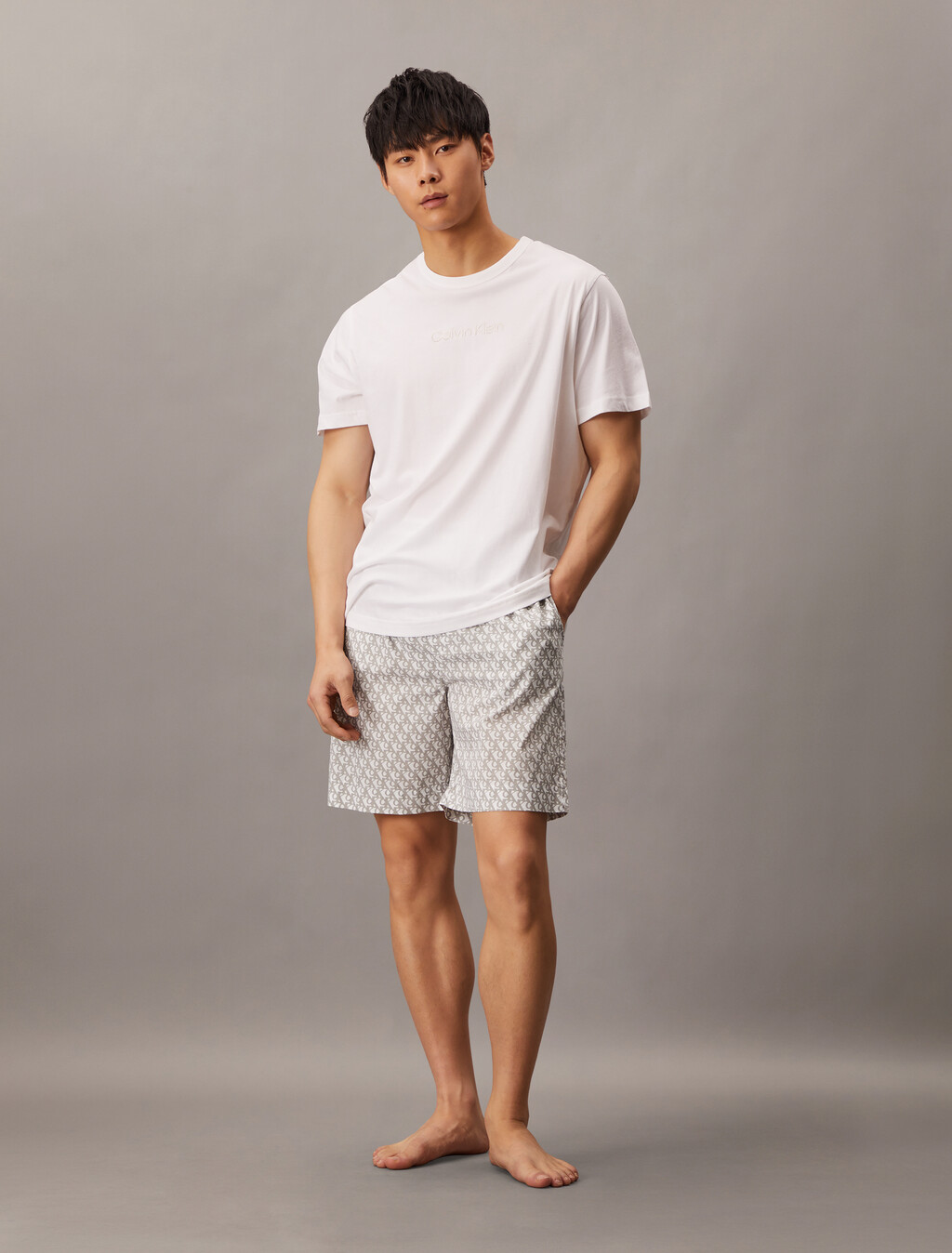 Cotton Poplin Sleep Short, 18659 PLUSH MONOGRAM_4.65in+ASH, hi-res