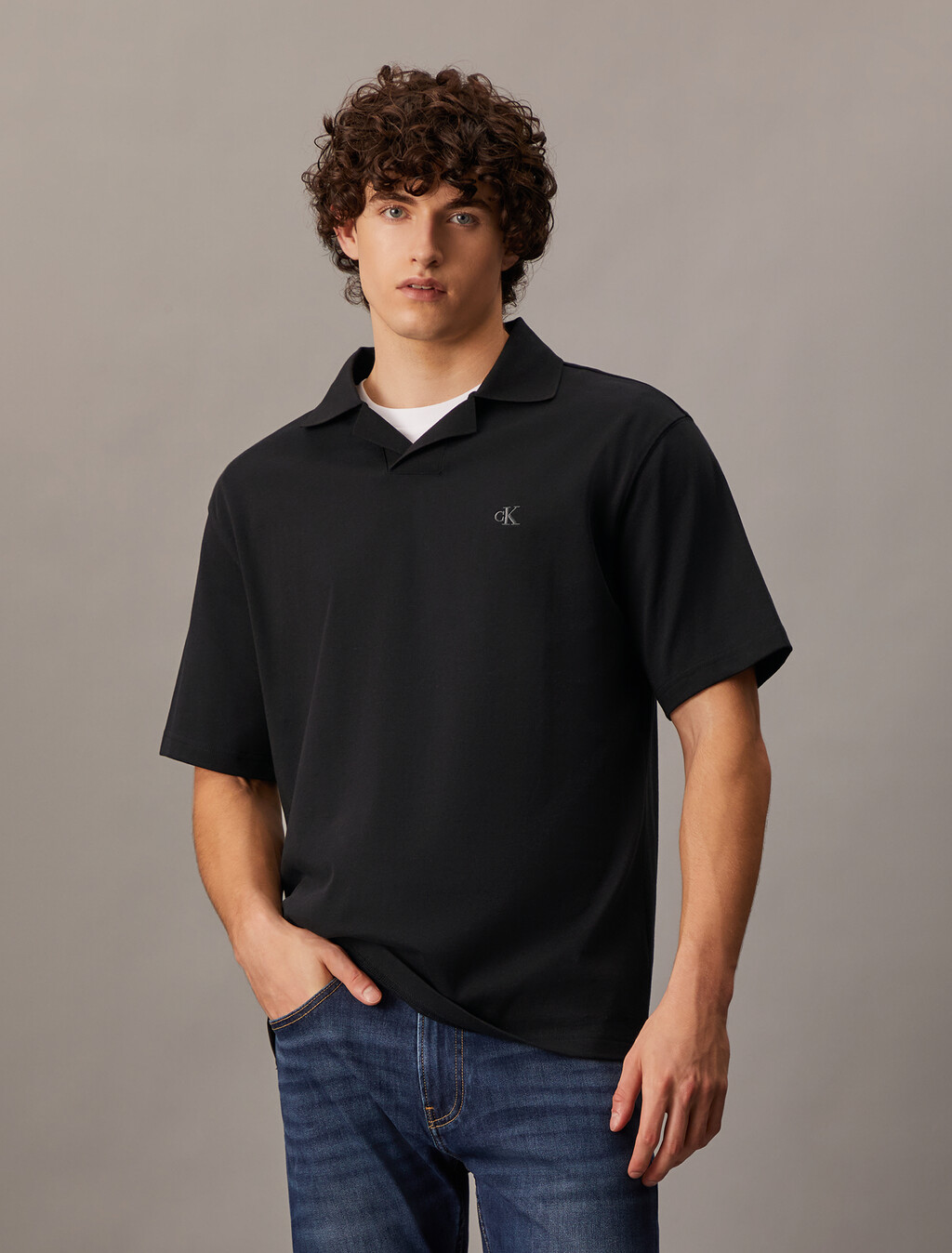 Contrast Open Collar Polo, Ck Black, hi-res