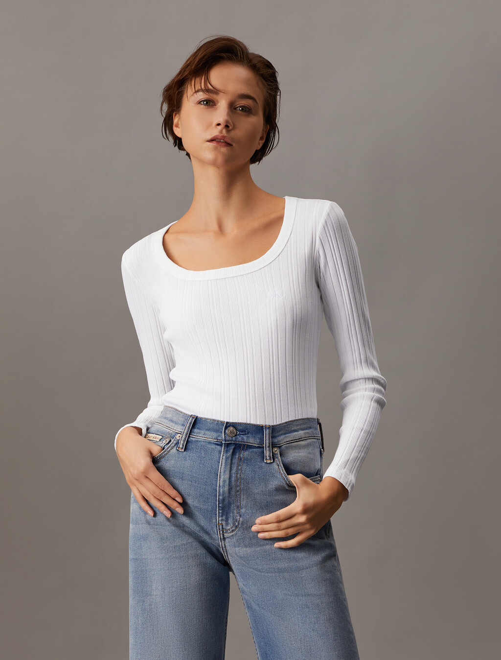 Boat Neck Rib Knit Slim Top, Bright White, hi-res