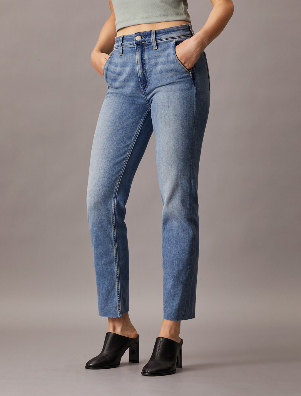 義大利高腰修身磨邊牛仔褲, Denim Medium, hi-res