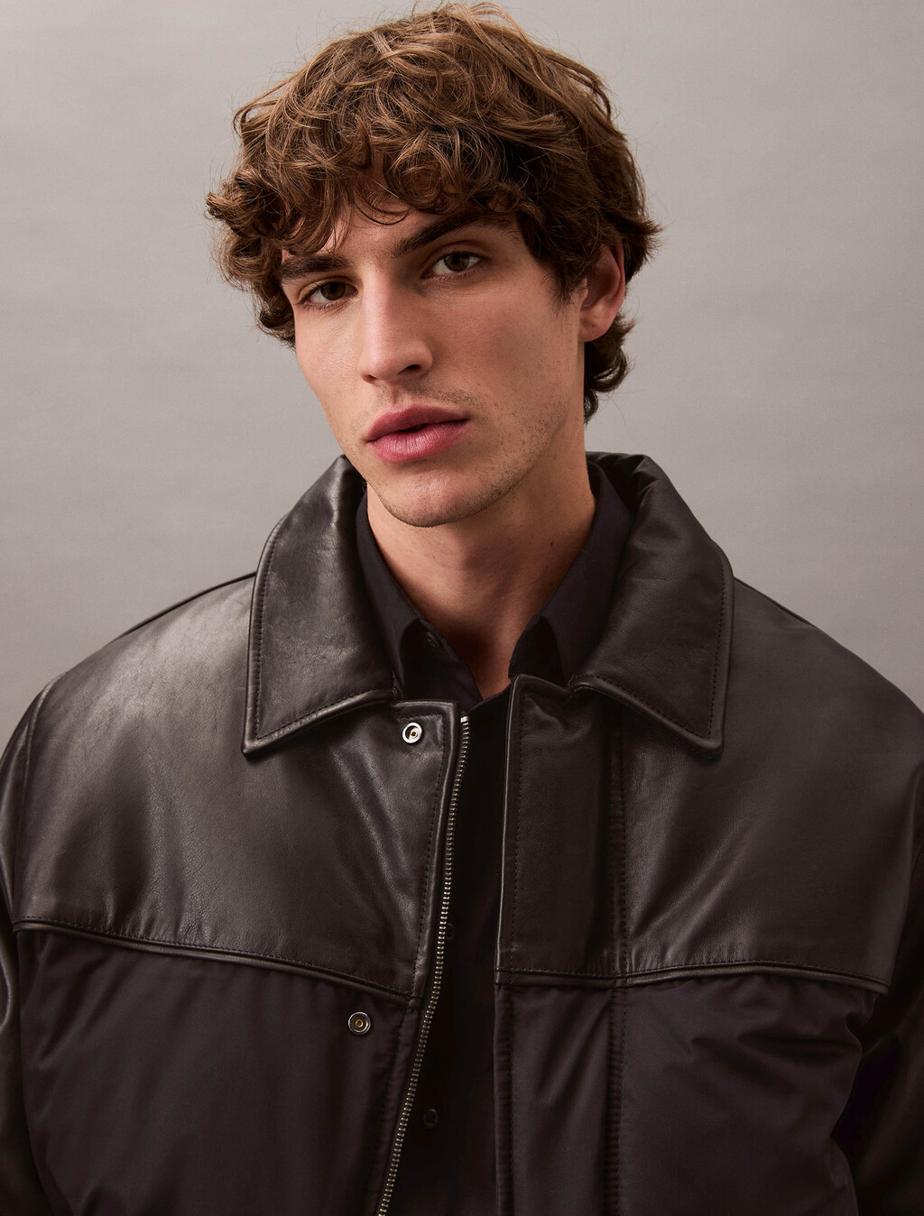 Nylon Leather Bomber Jacket, Vulcan, hi-res