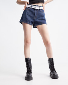 Logo Belt High Rise Denim Shorts, Dark Lg Belt Fray Wb, hi-res