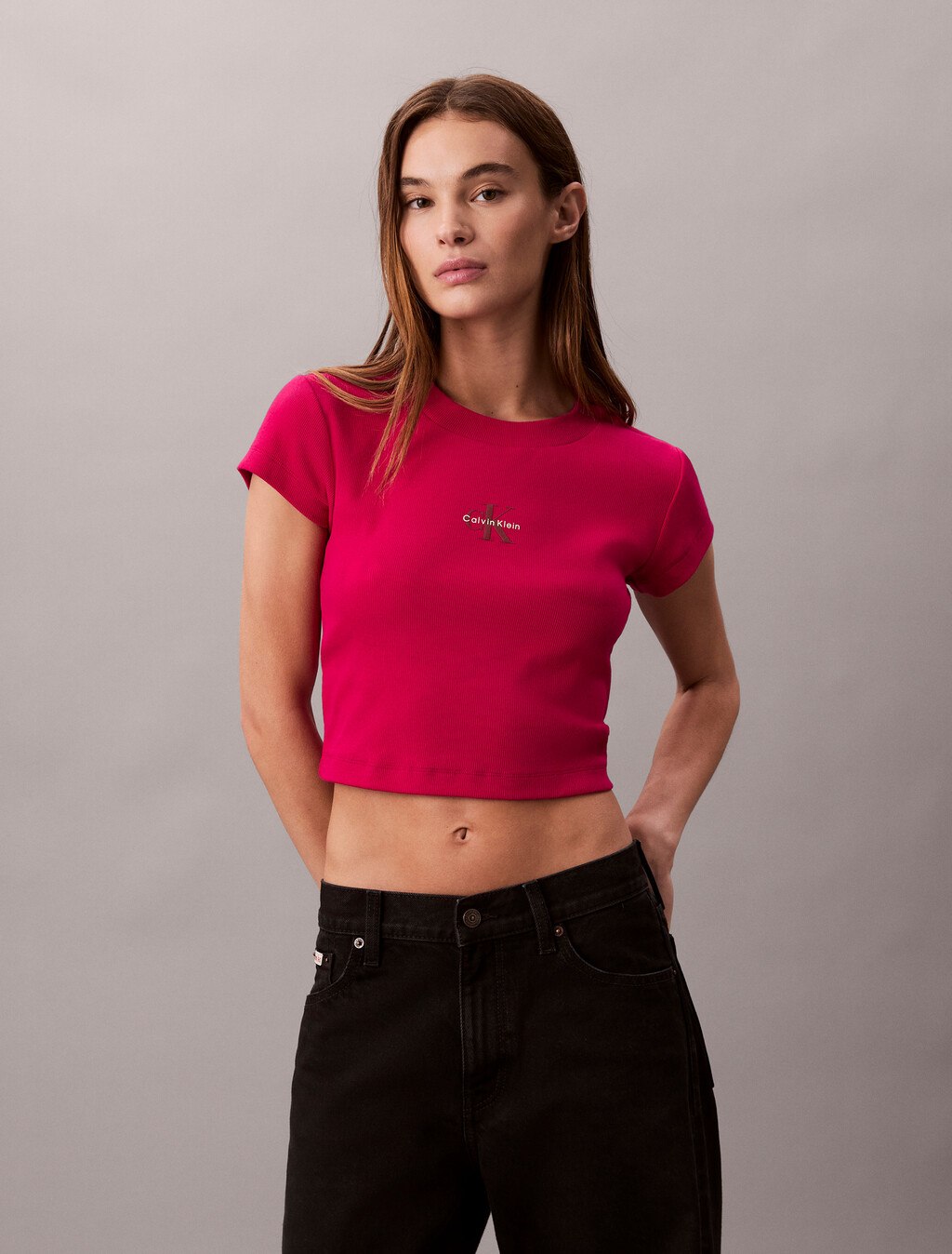 Slim Cropped Monogram T-shirt, Petunia Pink, hi-res