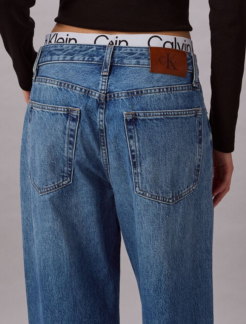 Logo Waistband Low Rise Baggy Jeans, MID BLUE, hi-res