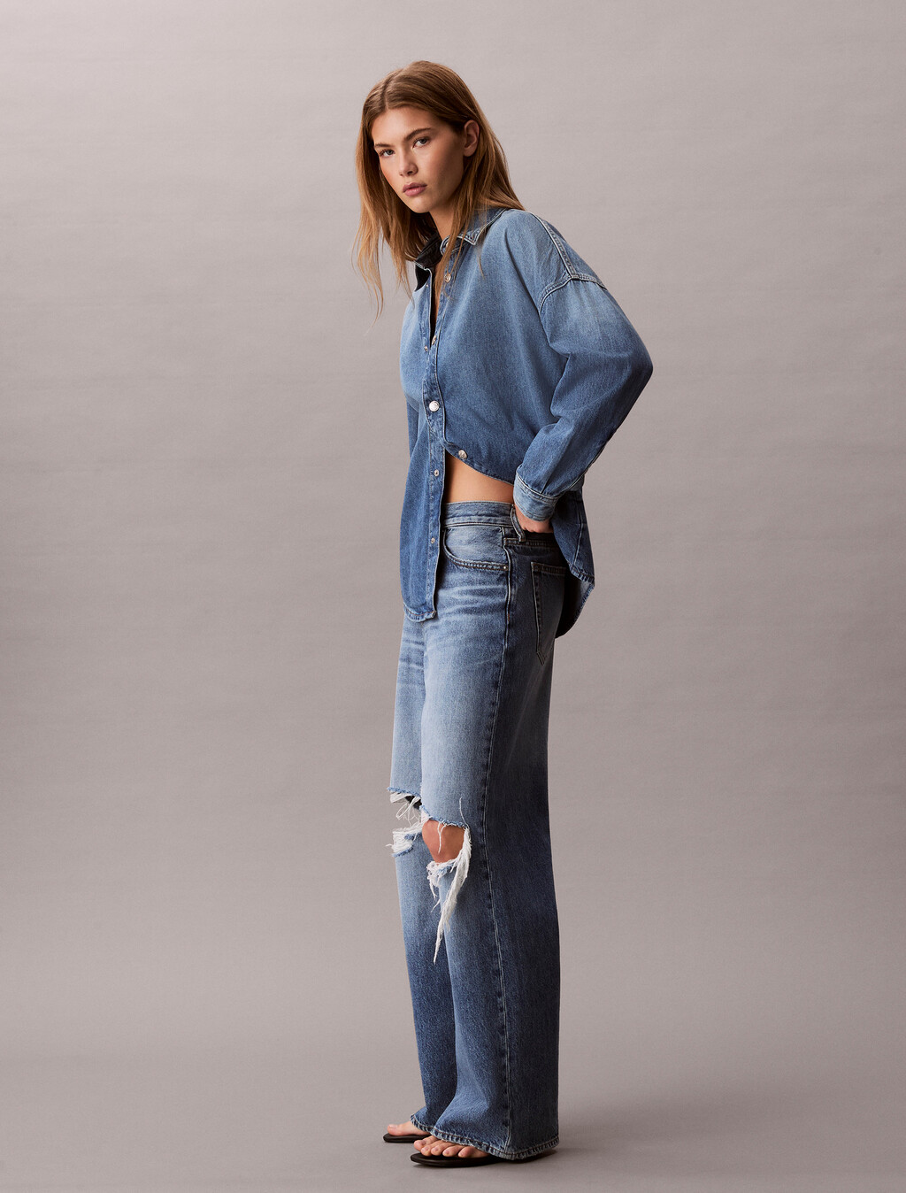 Low Rise Distressed Baggy Jeans, SLASHED INDIGO, hi-res