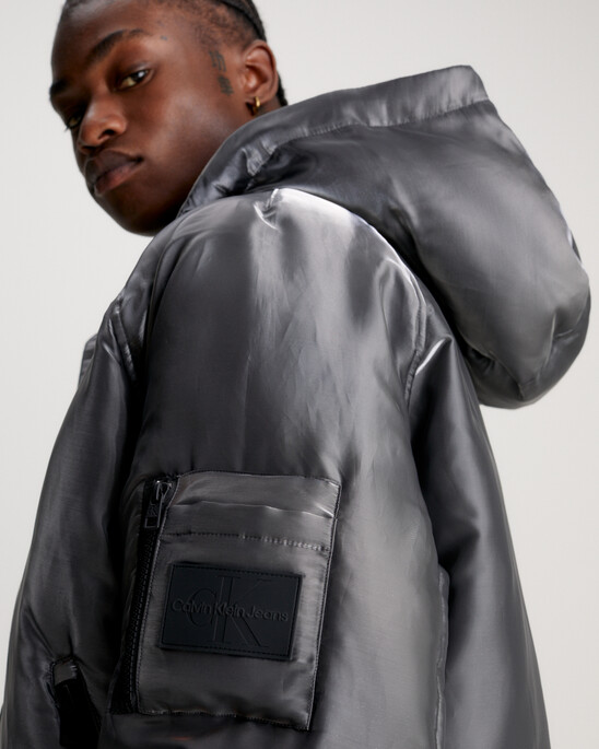 Liquid Metal Hooded Bomber Jacket