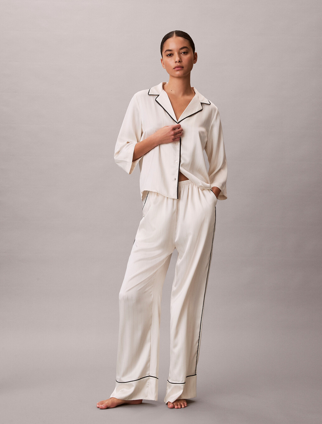 Satin Sheen Pant, DOTTED LOGO PINSTRIPE IVORY, hi-res