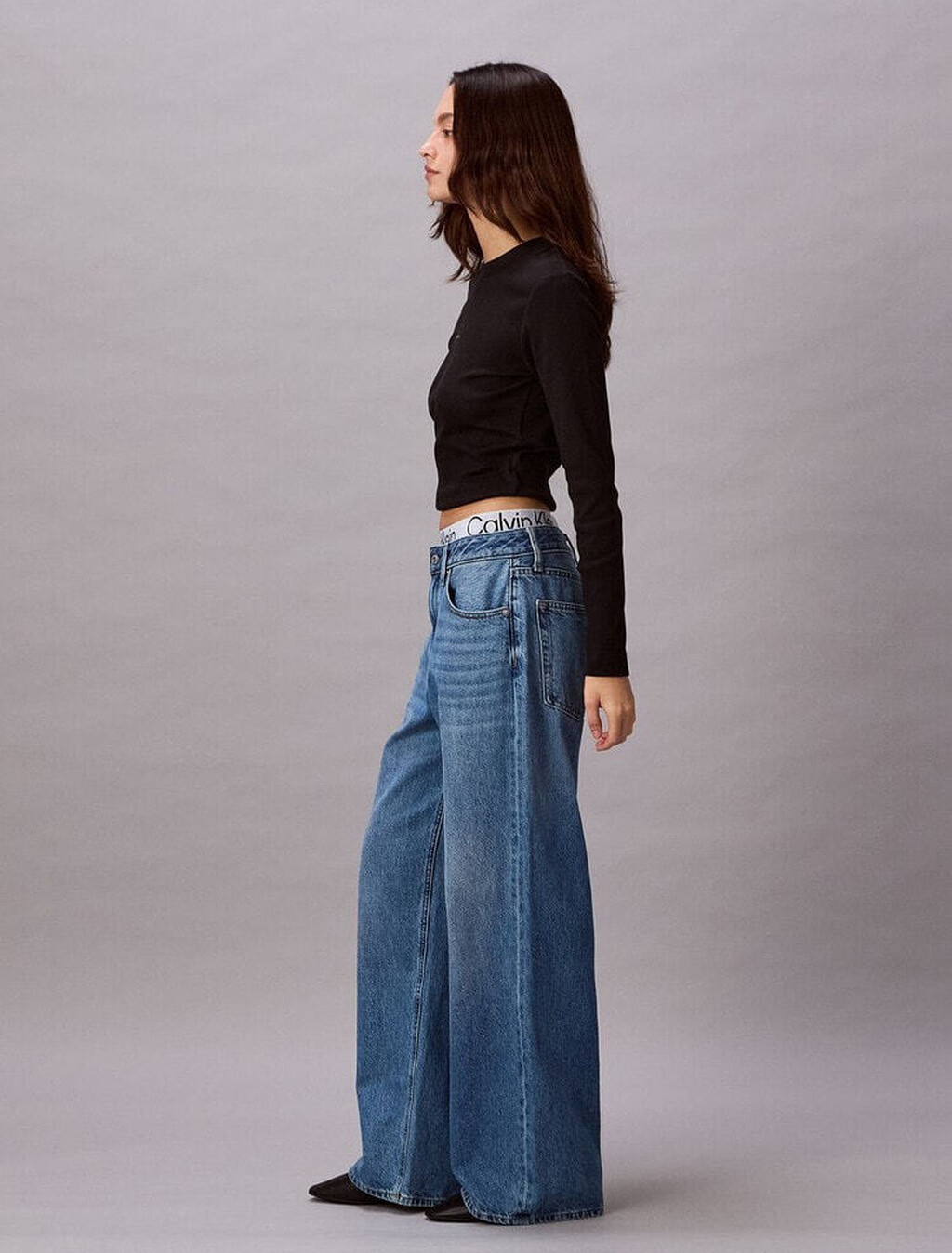 Logo Waistband Low Rise Baggy Jeans, MID BLUE, hi-res