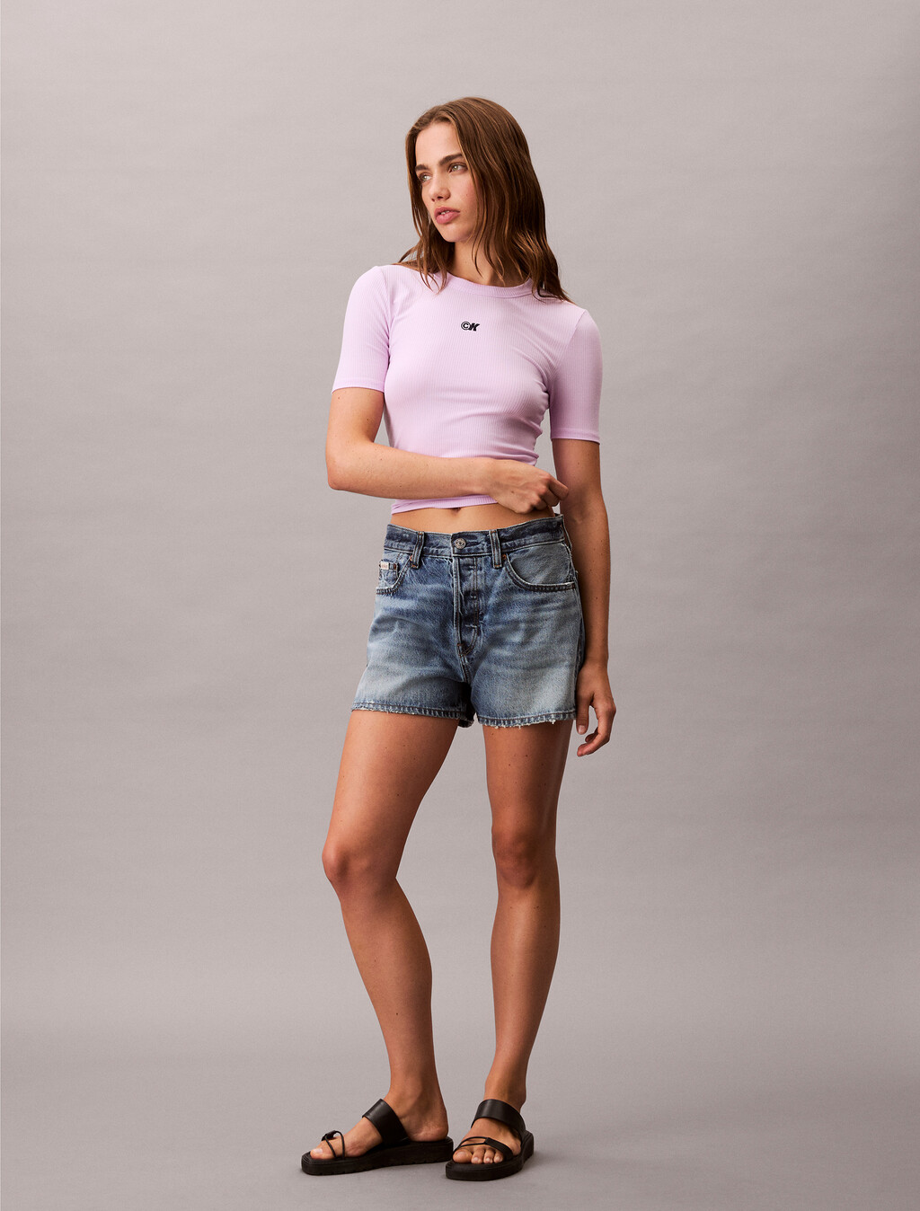 CK Logo Modal Stretch Ribbed Tee, Lavender Blush, hi-res