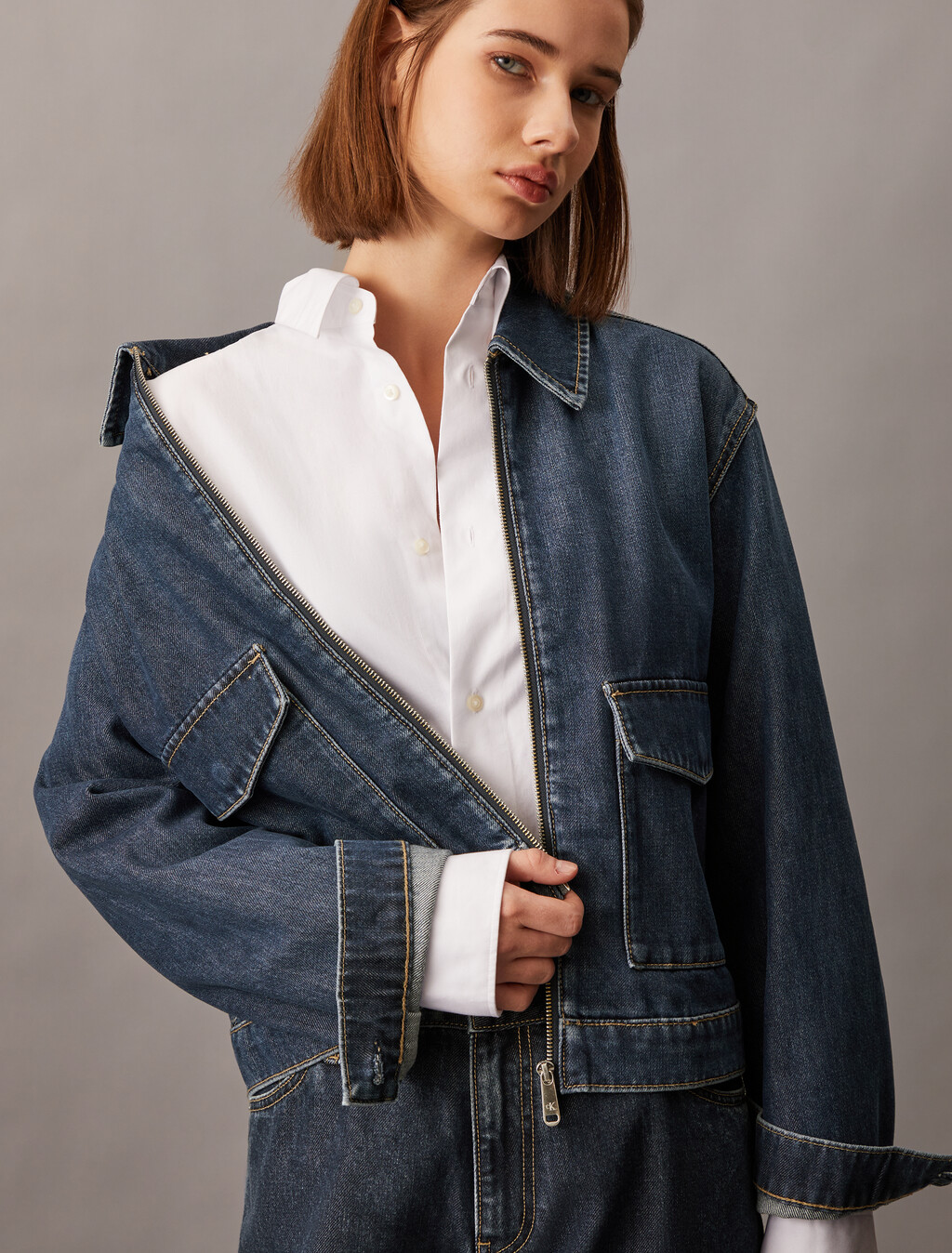Oversized Zip Up Denim Jacket, Denim Dark, hi-res
