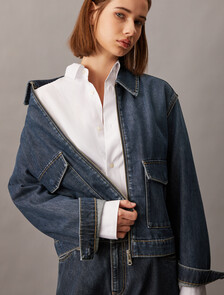 Oversized Zip Up Denim Jacket, Denim Dark, hi-res