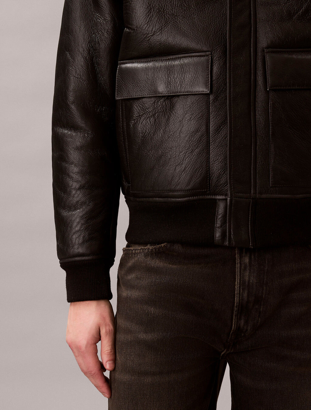 Shearling Leather Flight Jacket, Black / Natural, hi-res