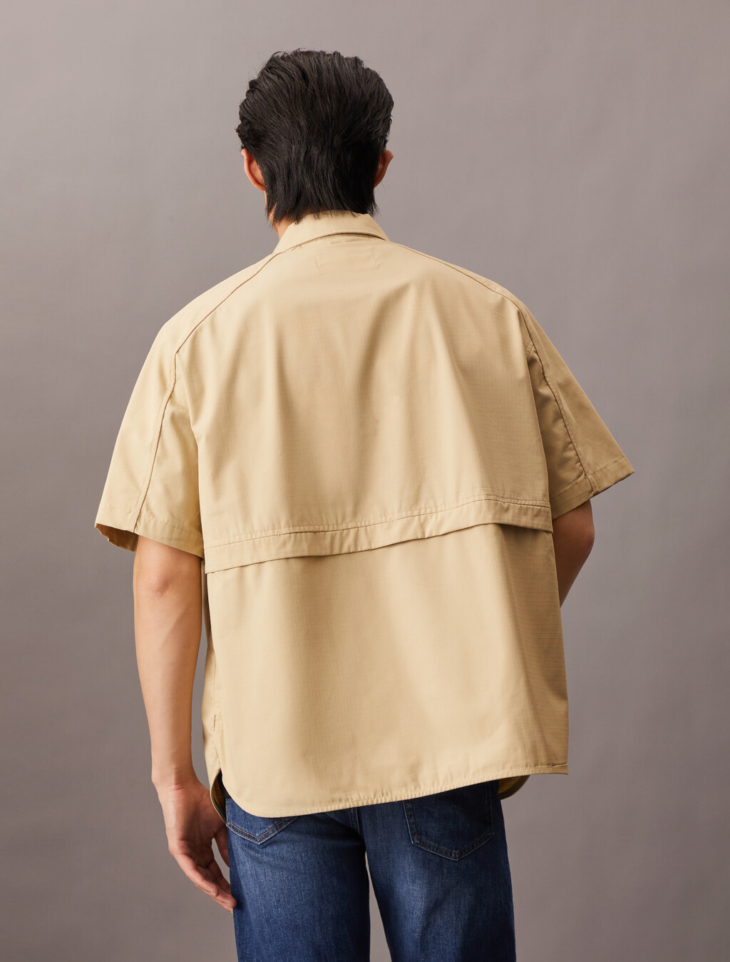 Cooling Mixed Media Zip Up Overshirt, Pale Khaki, hi-res