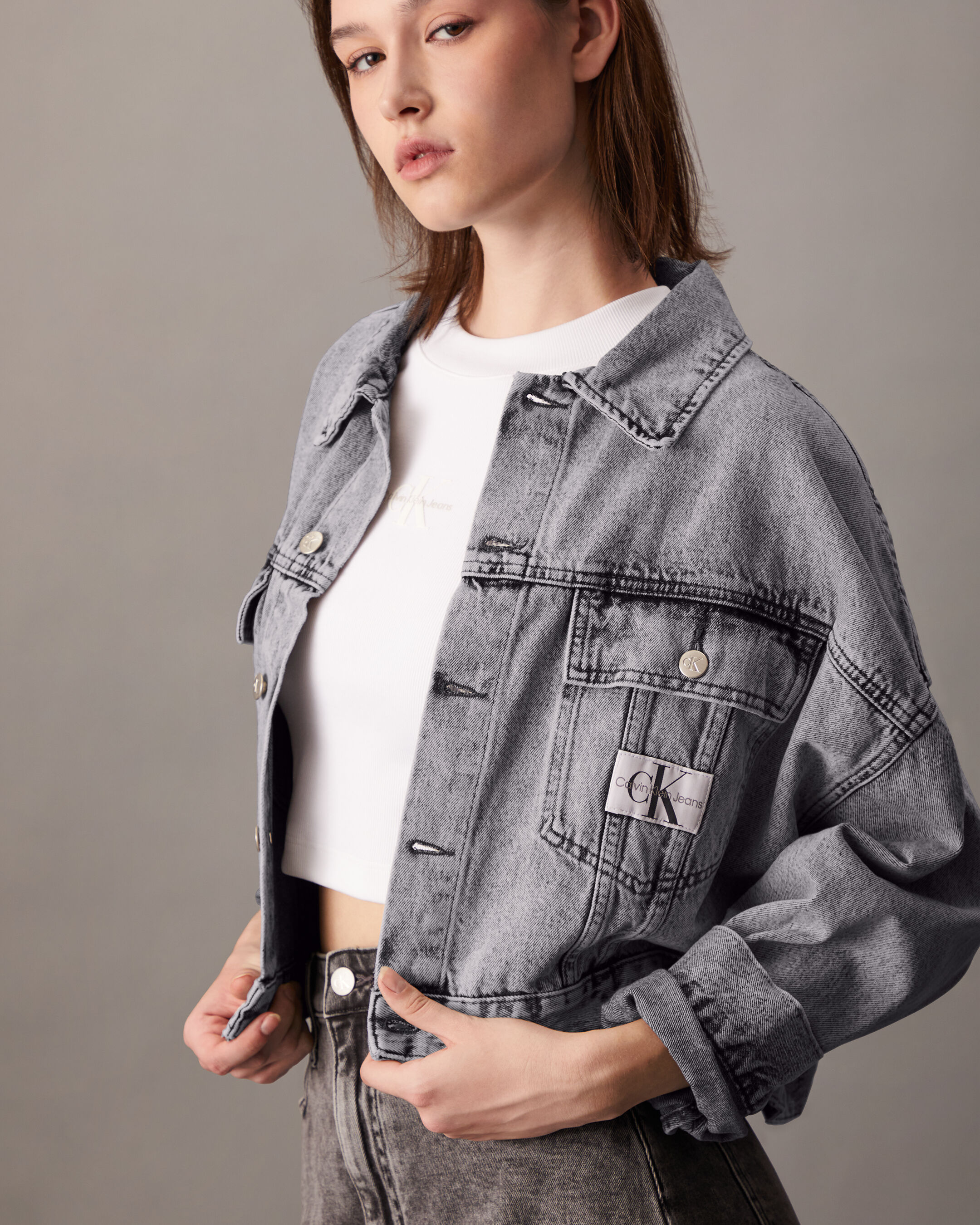 Grey cropped denim jacket on sale