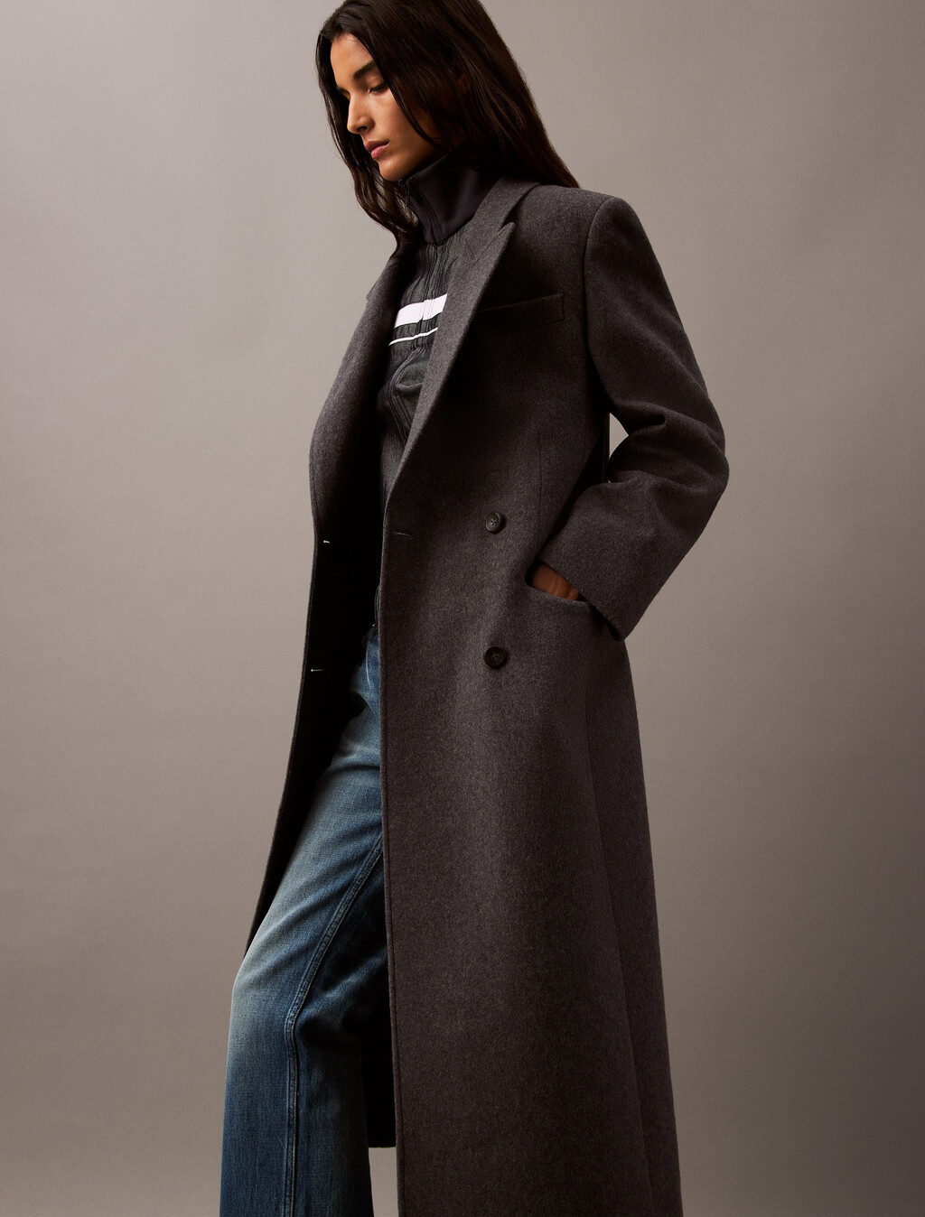 Long Brushed Wool Blend Coat, Charcoal Melange, hi-res