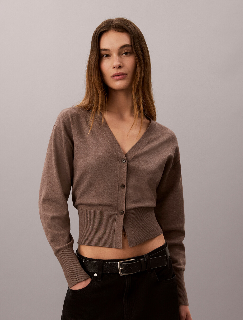 Soft Knit Classic Cardigan, Shiitake Melange, hi-res