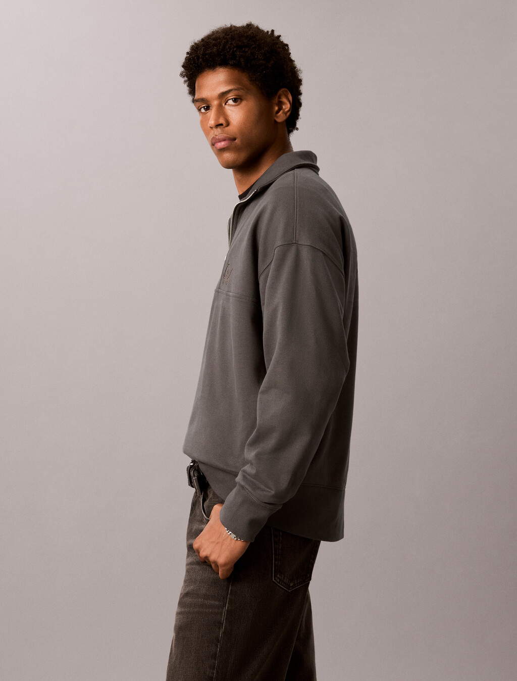 Relaxed Graphic Logo Quarter Zip Sweatshirt, Volcanic Ash, hi-res