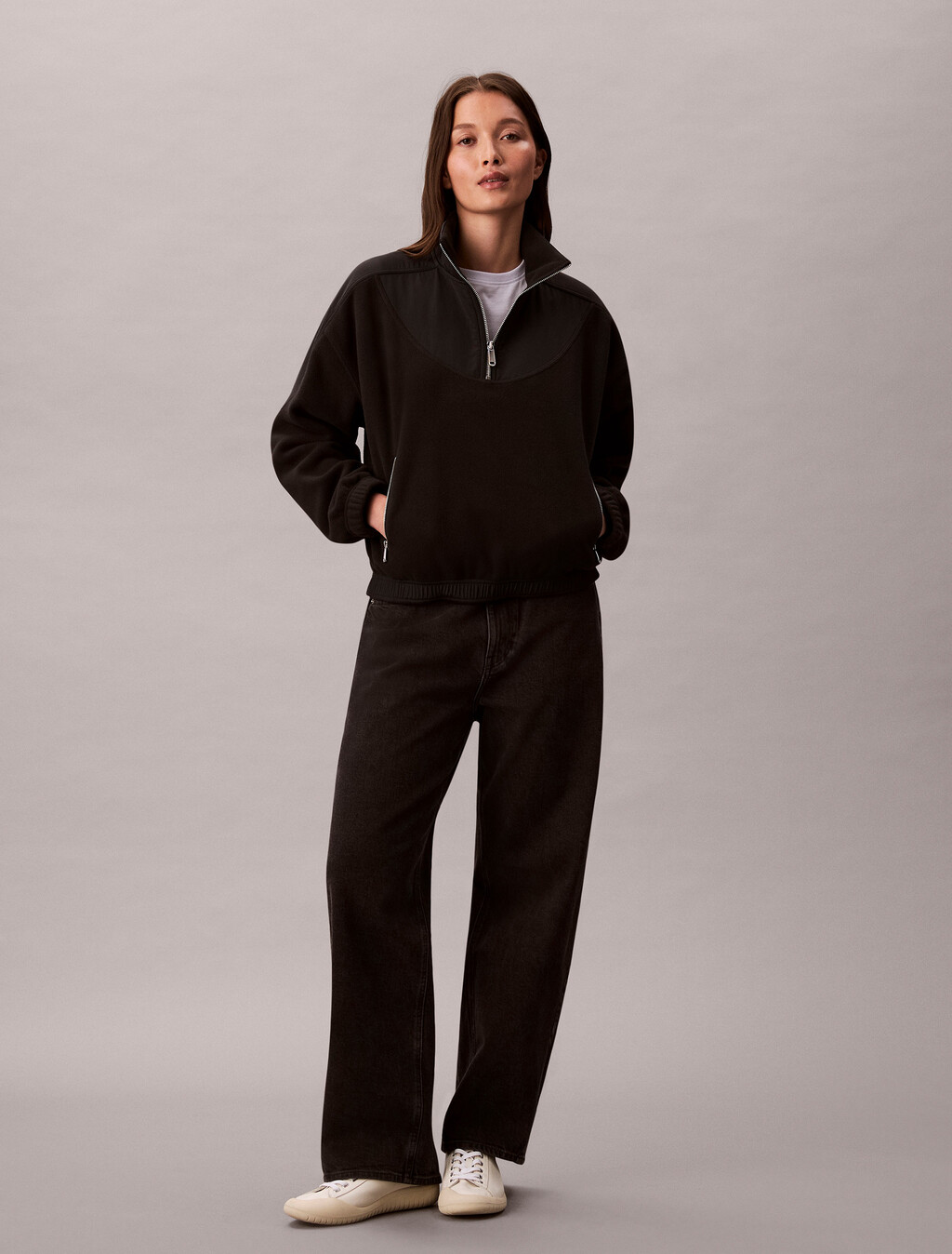 Polar Fleece Zip Neck Sweatshirt, Black, hi-res