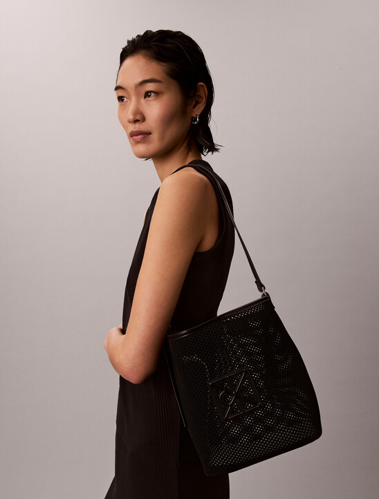 Mesh Emblem Logo Bucket Bag with Pouch