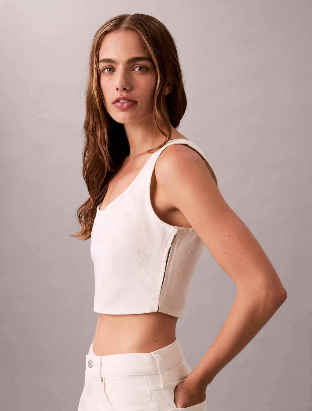 Denim Allover Monogram Cropped Tank Top, CK ARCTIC, hi-res