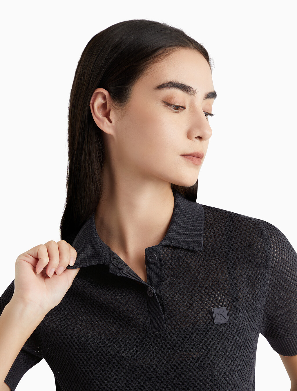 Second Skin 鏤空針織 Polo 衫, Ck Black, hi-res
