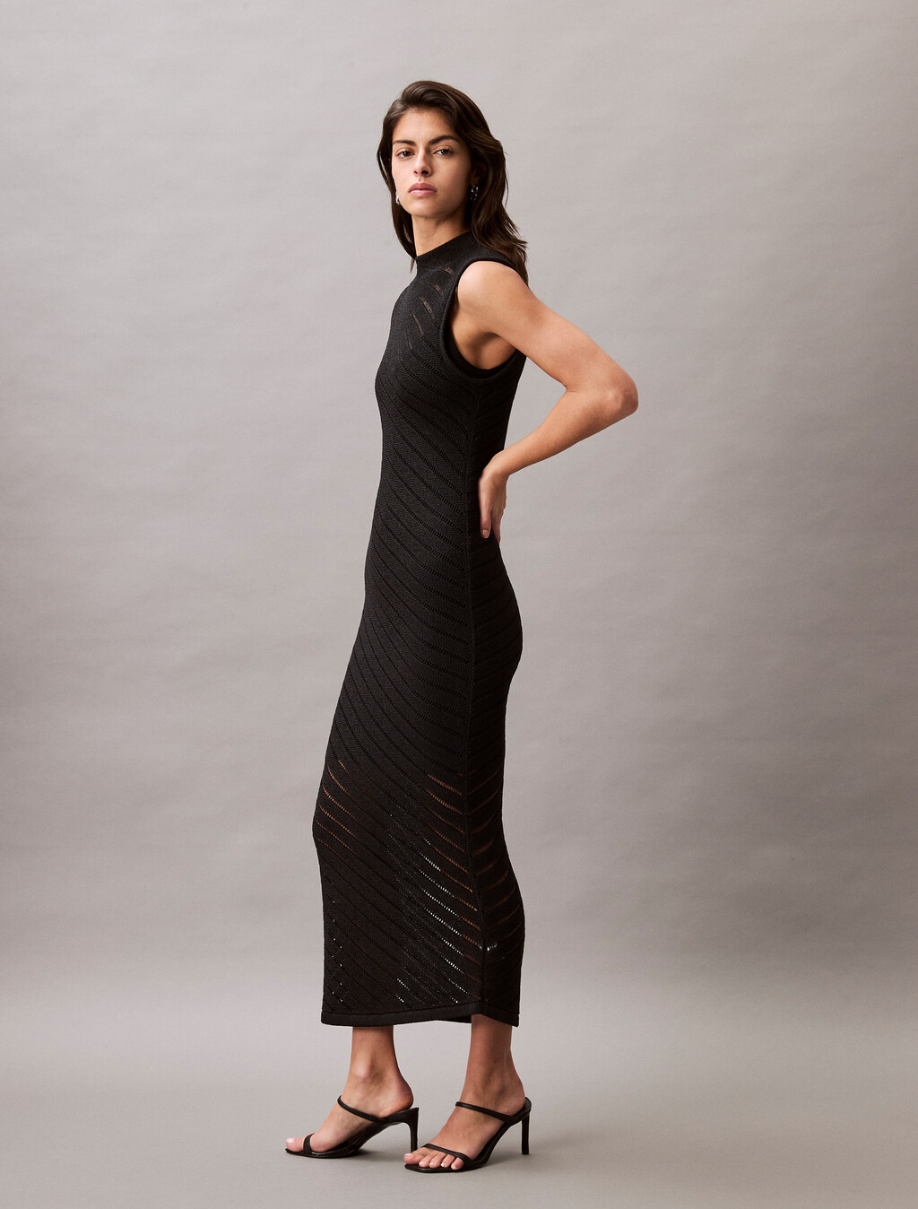 Asymmetric Mock Neck Dress, Black, hi-res