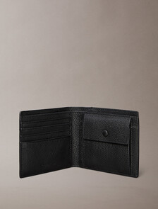 金屬燙印壓花標誌零錢對摺式銀包, Black, hi-res