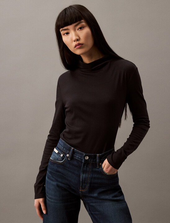 Mercerized Jersey Mock Neck T-Shirt