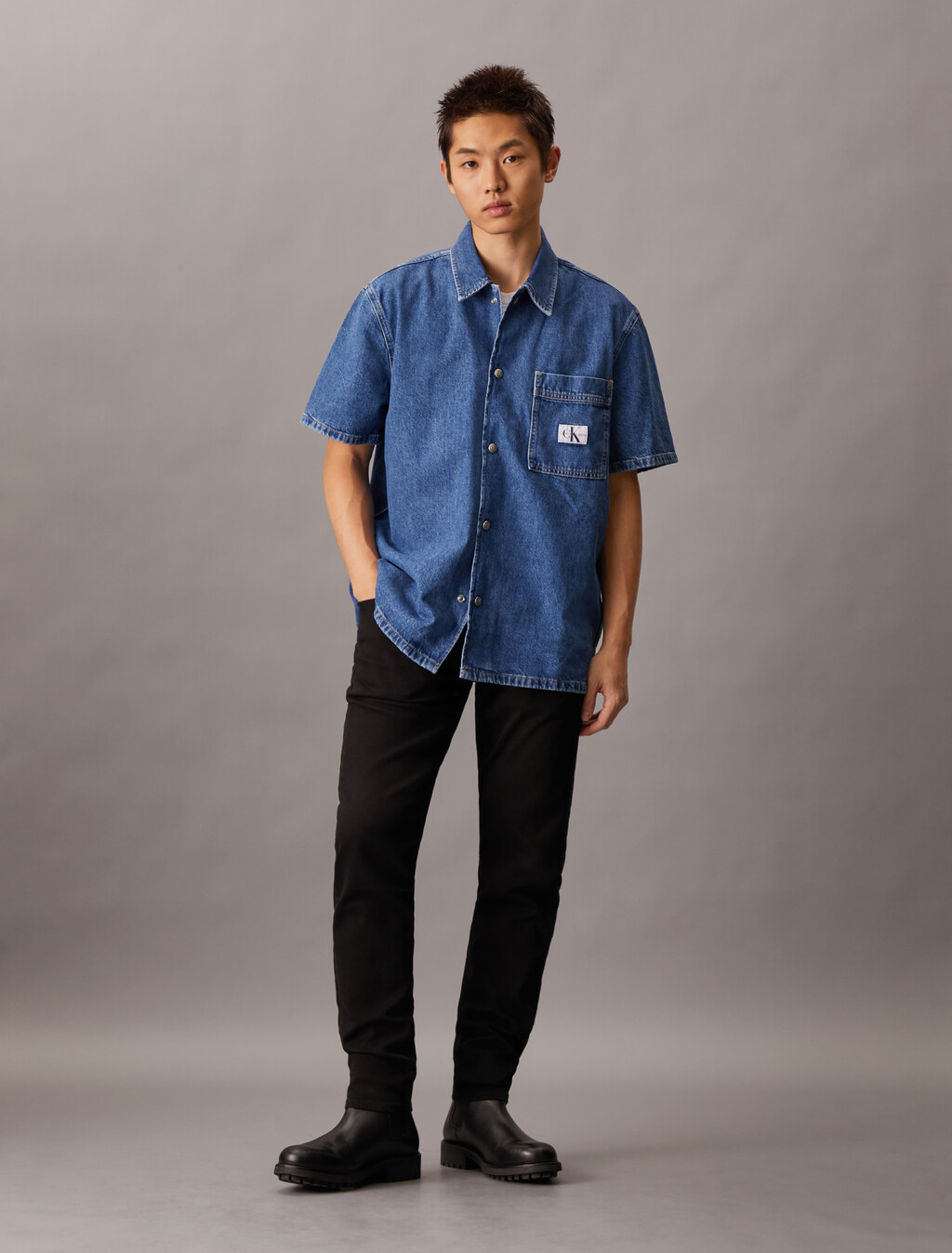牛仔短袖襯衫, Denim Medium, hi-res
