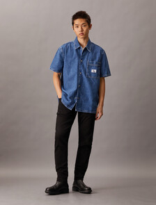 牛仔短袖襯衫, Denim Medium, hi-res
