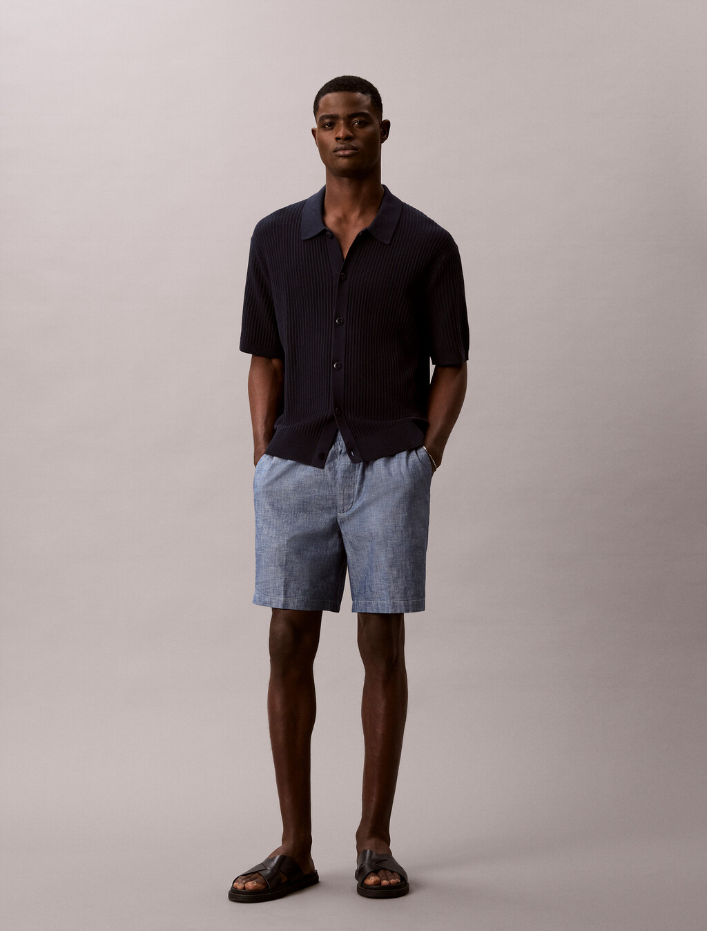 Cotton Chambray Drawstring Shorts, Blue Descent, hi-res