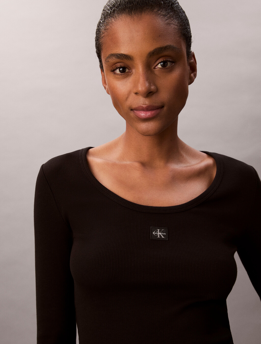 Ribbed Cotton Long Sleeve Top, Black, hi-res