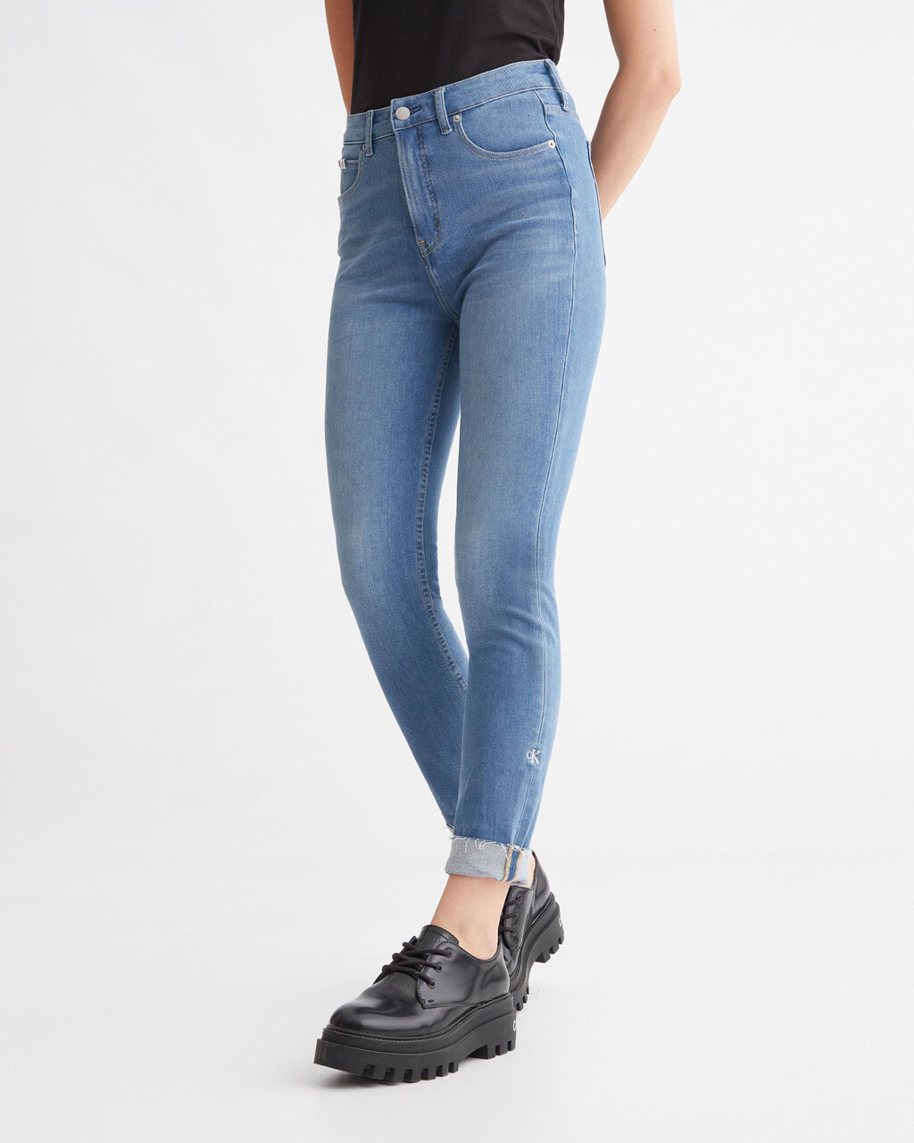 ULTIMATE STRETCH HIGH RISE SKINNY ANKLE JEANS, Bright Blue Embro Raw Hem, hi-res