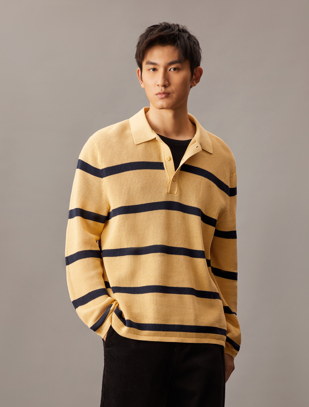 條紋寬鬆 Polo 衫, Lemon Peel, hi-res