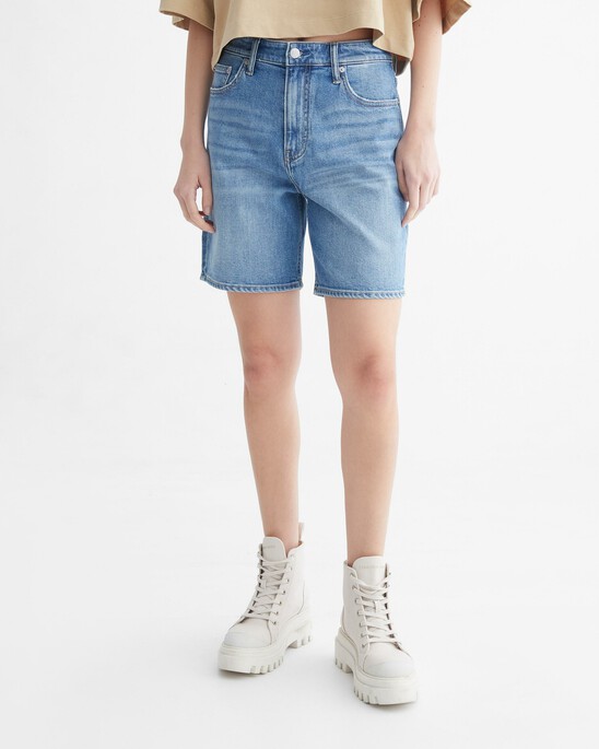 WASHED MID LENGTH DENIM SHORTS