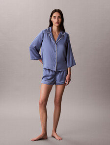 亮面緞面短袖襯衫, Blue Tulip, hi-res