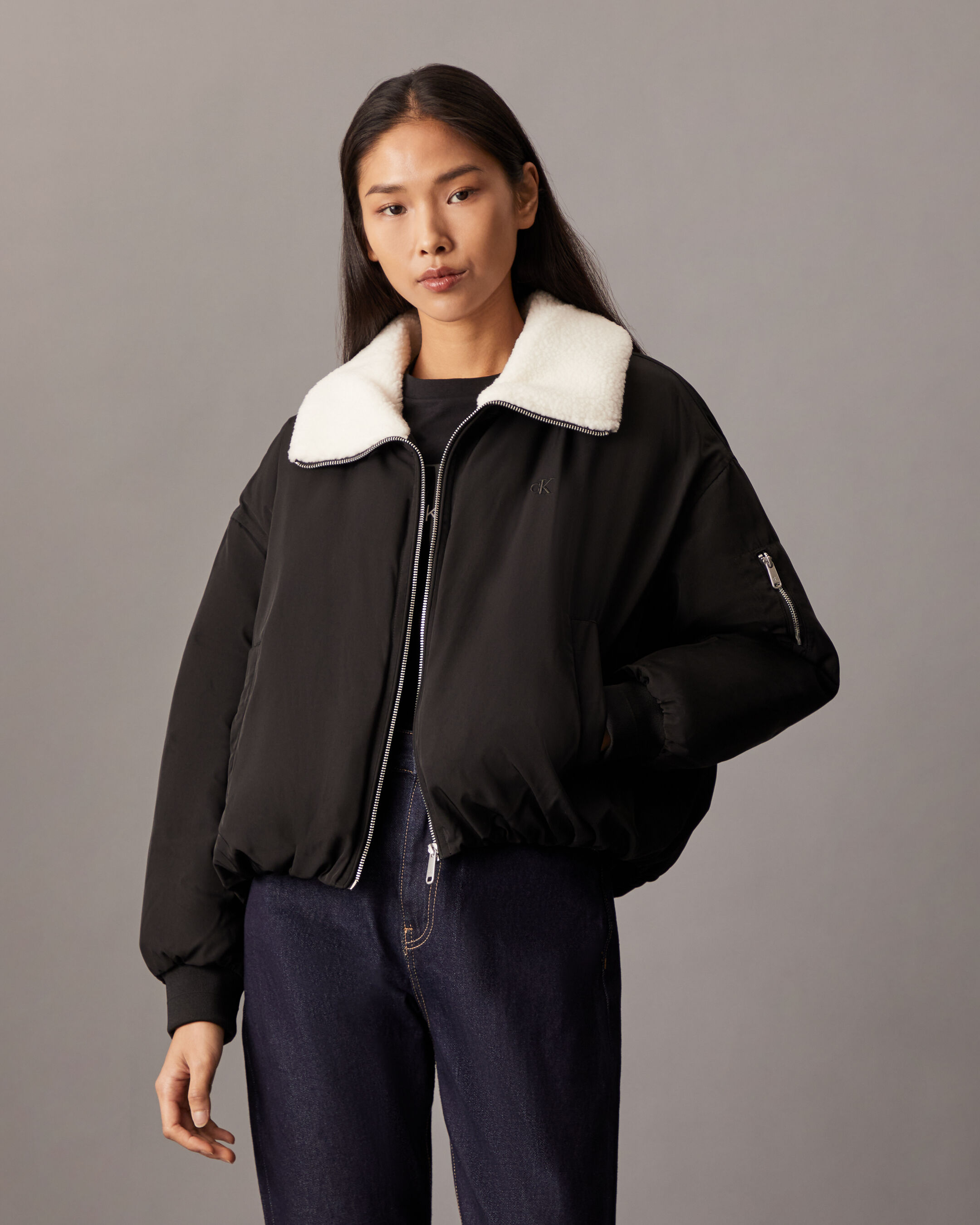 Fleece collar bomber jacket deals