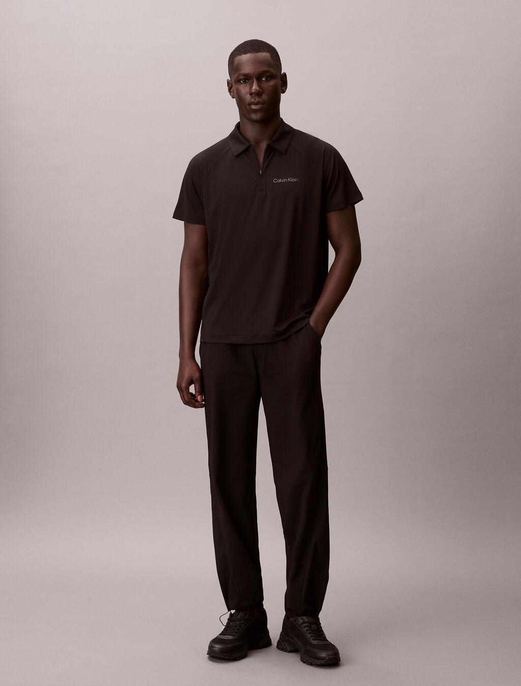 Zip Pique Sport Polo Shirt, Black, hi-res