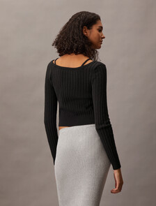 Cropped Rib Knit Cardigan, Black, hi-res
