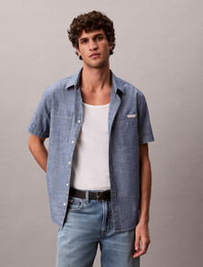Cotton Chambray Short Sleeve Shirt, Blue Descent, hi-res