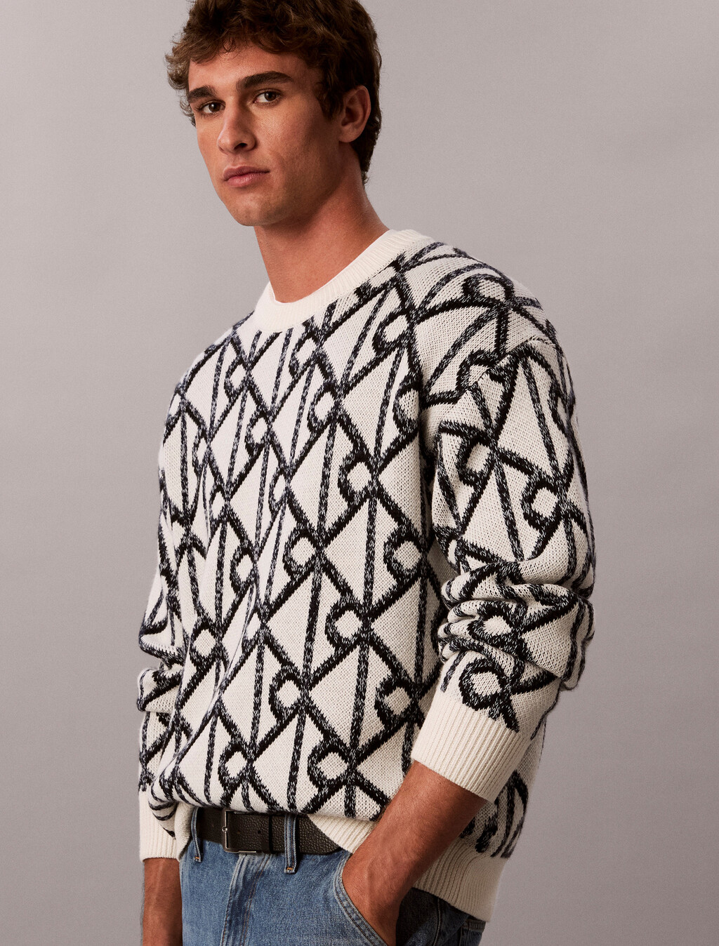 Wool Blend Logo Jacquard Jumper, Antique White, hi-res