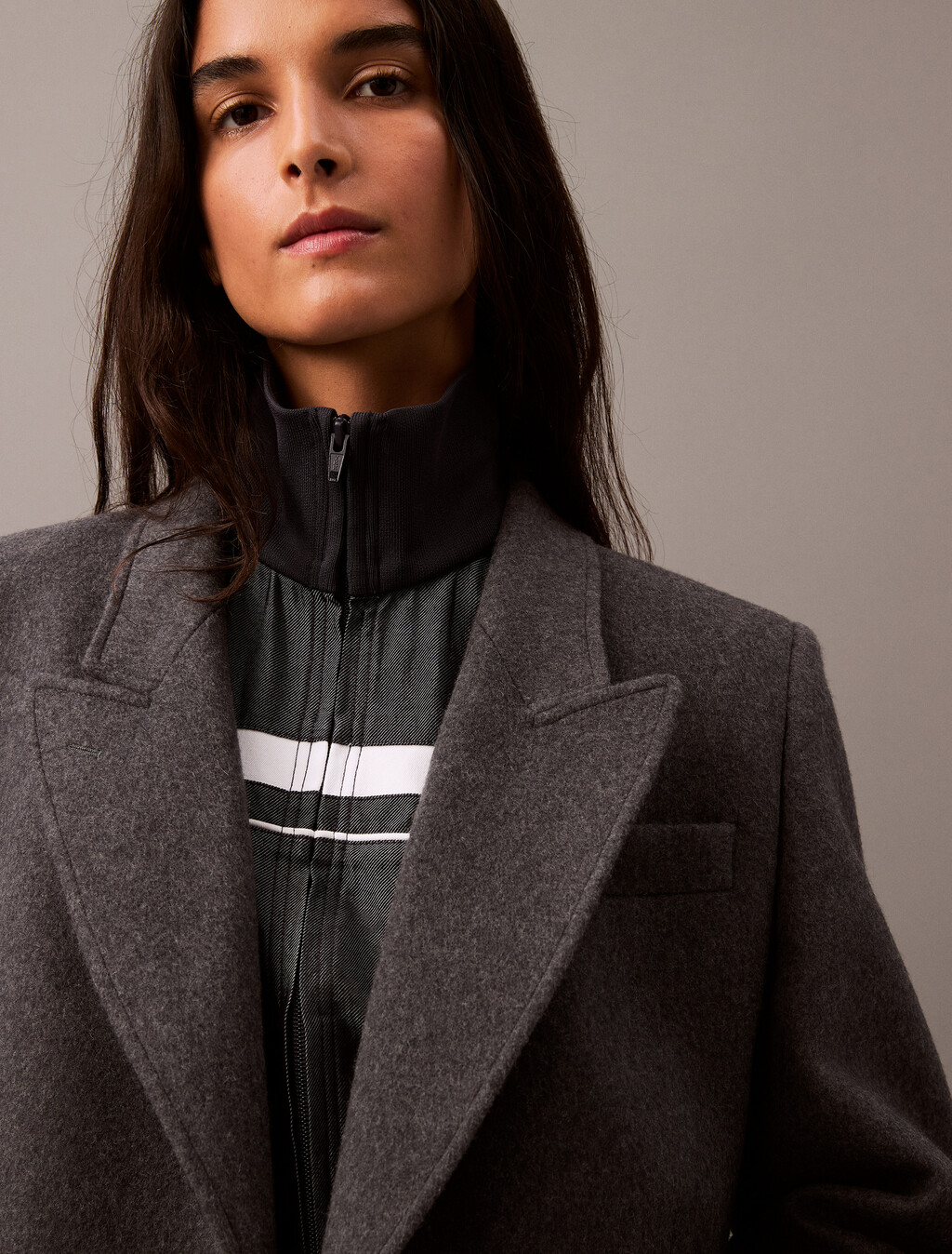 Long Brushed Wool Blend Coat, Charcoal Melange, hi-res