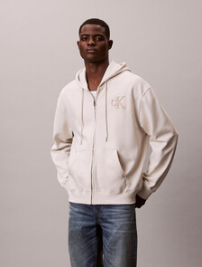 Velvet Monogram Zip Thru Hoodie, Chalk, hi-res