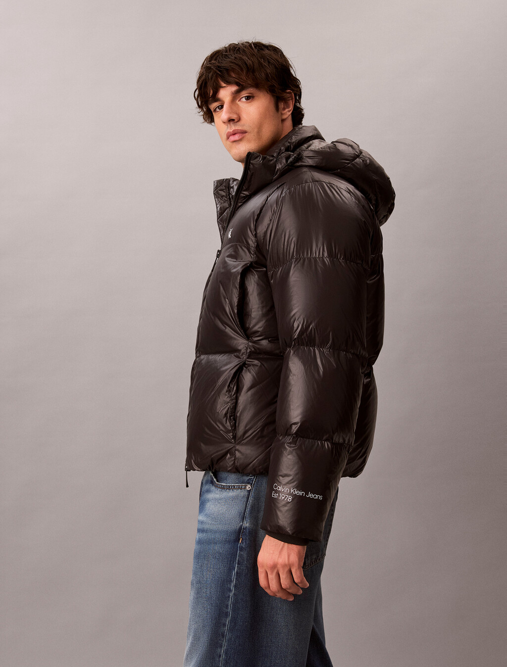 Glossy Down Puffer Jacket With Detachable Hood, Black, hi-res