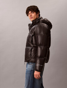 Glossy Down Puffer Jacket With Detachable Hood, Black, hi-res