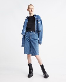超寬鬆短版弧邊下擺牛仔裇衫, BRIGHT BLUE, hi-res