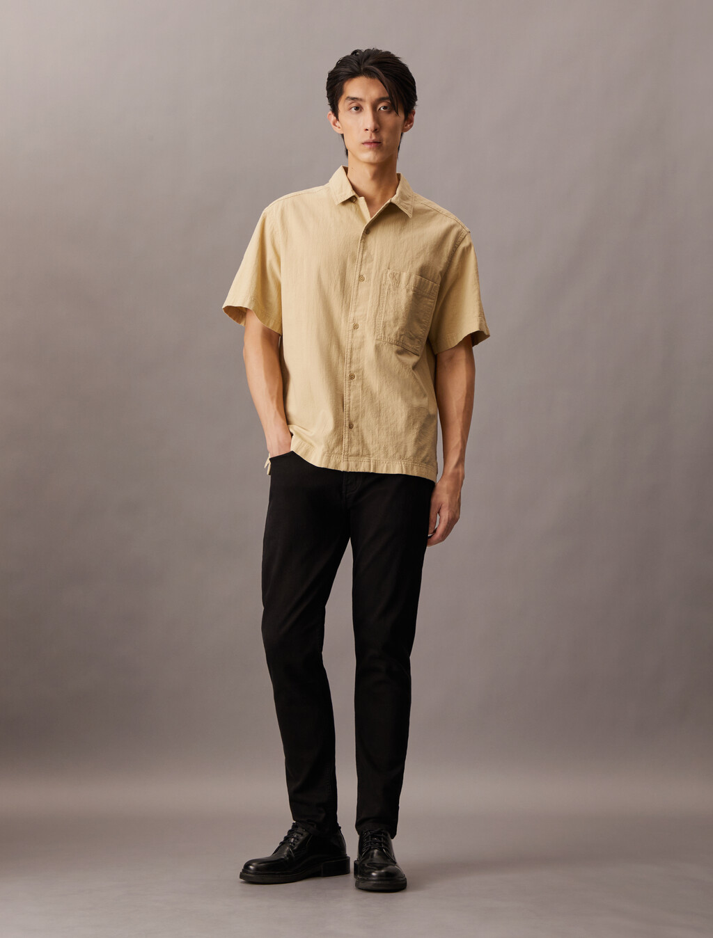 夏日工裝風紋理感棉質襯衫, Pale Khaki, hi-res