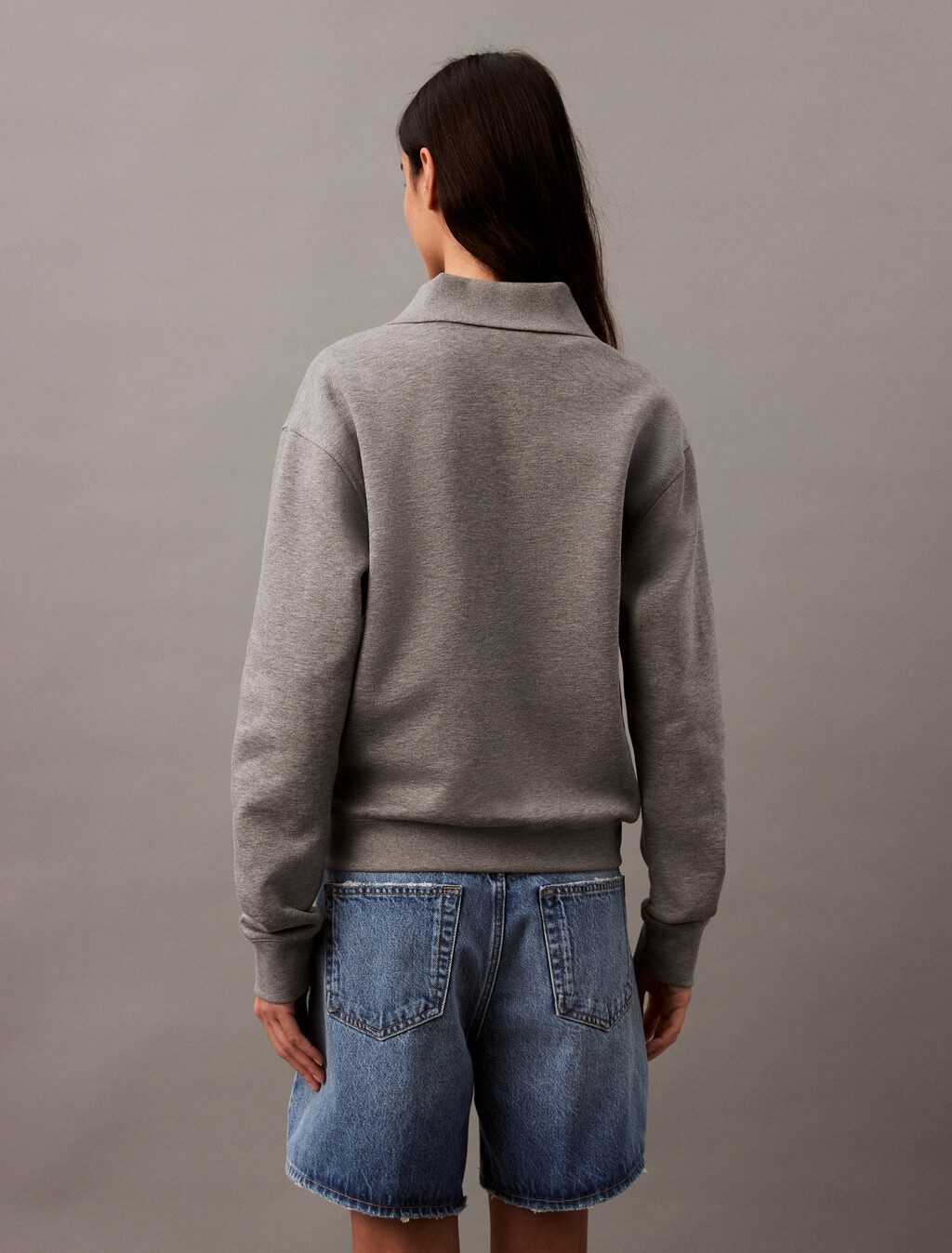 Cotton Modal Fleece Polo Sweatshirt, Med Grey Heather, hi-res