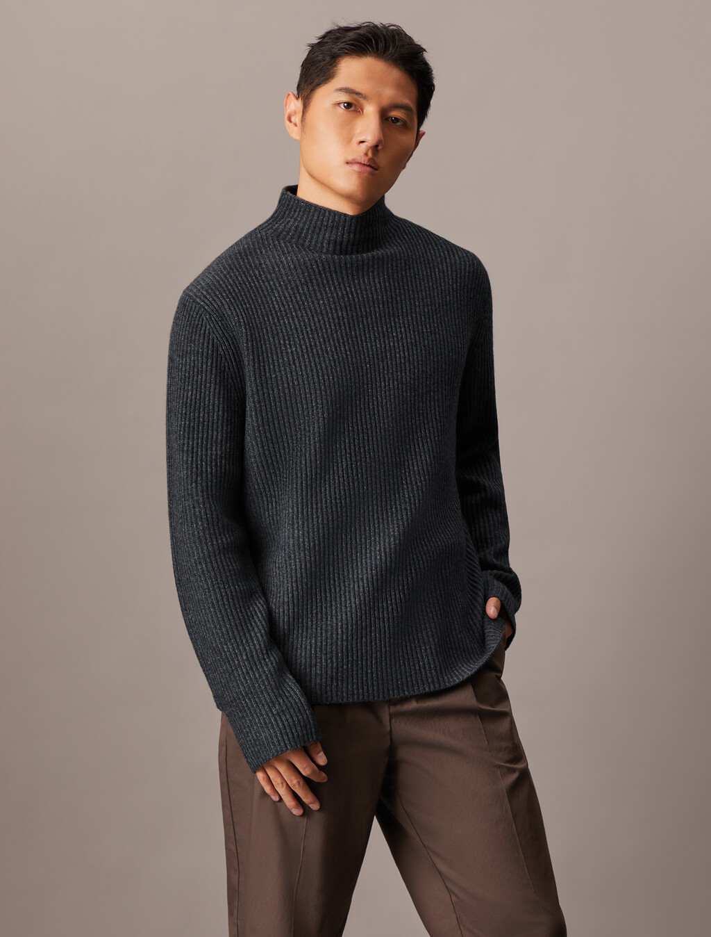 Woolen Rib Knit Mock Neck Sweater, Dark Cliff Htr, hi-res