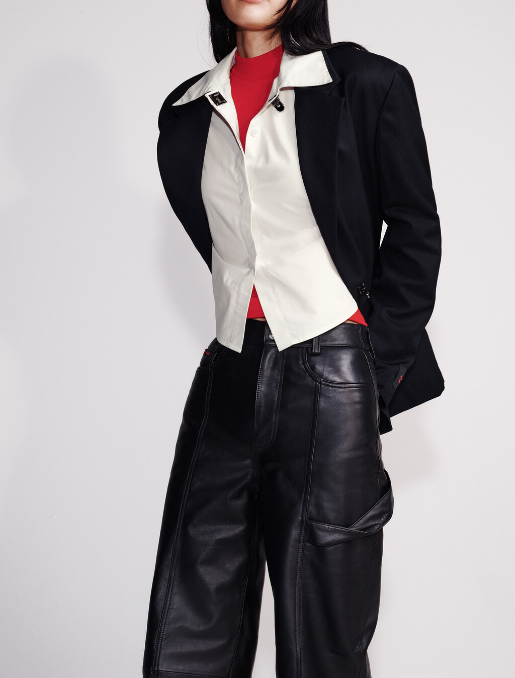 Leather Wide Leg Cargo Pants, Black, hi-res